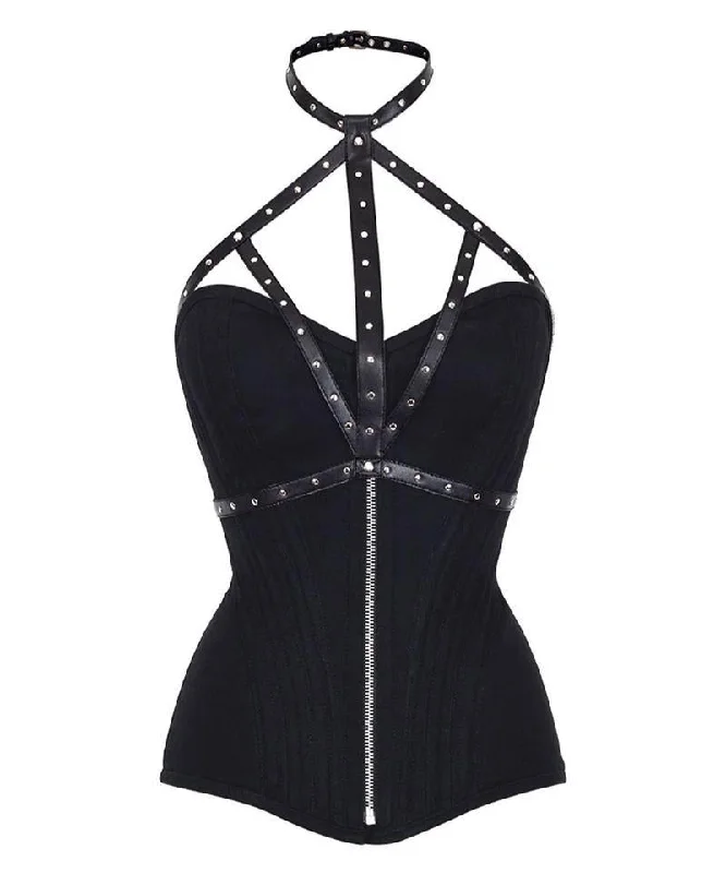 Steampunk - themed bustiers with brass accentsRuess Black Cotton Overbust Corset With Neck Gear Steampunk - themed bustiers with brass accentsRuess Black Cotton Overbust Corset With Neck Gear