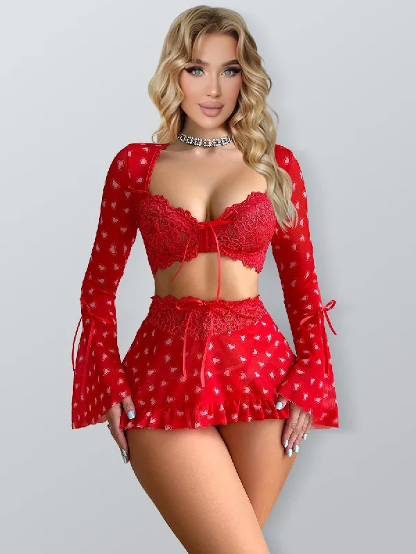 Women's Lingerie with Thigh-High StockingsSweetheart Front Closure Bra Top Set