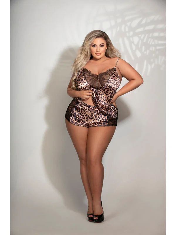 Sexy Lingerie for Women with Stockings Two Piece Leopard Print Satin and Lace Cami And Tap Short Set STM-11271X-Leopard-1X/2X Sexy Lingerie for Women with Stockings Two Piece Leopard Print Satin and Lace Cami And Tap Short Set STM-11271X-Leopard-1X/2X