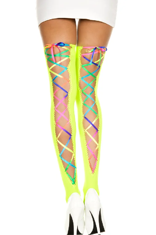 Women's Fishnet TightsRainbow Lace-Up Neon Green Thigh Highs