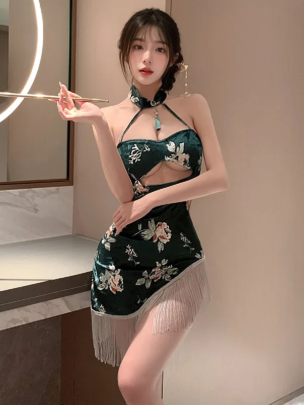 Women's Sheer Lingerie NightgownsAsymmetrical Tassel Velvet Cheongsam