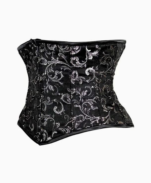 Denim - look corsets for a casual yet stylish twistAlluring Underbust Corset in Black and Silver Brocade Denim - look corsets for a casual yet stylish twistAlluring Underbust Corset in Black and Silver Brocade
