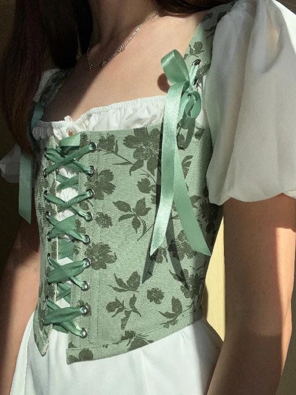 Bohemian - style corsets with tassels and embroideryFloral sage green corset, reversible, removable shoulder strap, size S Bohemian - style corsets with tassels and embroideryFloral sage green corset, reversible, removable shoulder strap, size S