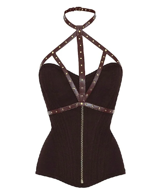 Gothic - inspired bustiers featuring dark colors and studsBannruod Brown Cotton Overbust Corset With Neck Gear Gothic - inspired bustiers featuring dark colors and studsBannruod Brown Cotton Overbust Corset With Neck Gear