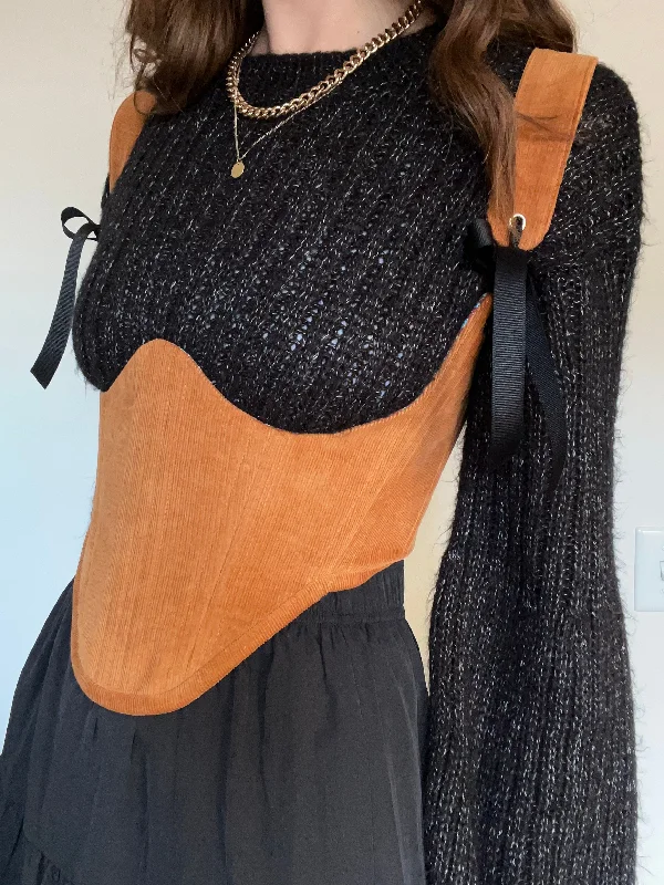 Vintage - style women's bustiers with lace and bowsLight amber corduroy underbust corsage with removable shoulder straps 🧡 Vintage - style women's bustiers with lace and bowsLight amber corduroy underbust corsage with removable shoulder straps 🧡