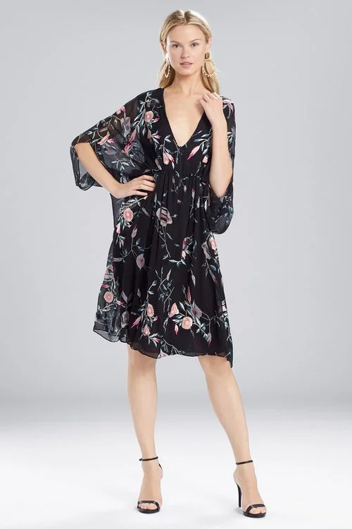 High - necked sexy dresses with a low - back detailPressed Flower Printed Silk Chiffon Caftan Dress High - necked sexy dresses with a low - back detailPressed Flower Printed Silk Chiffon Caftan Dress