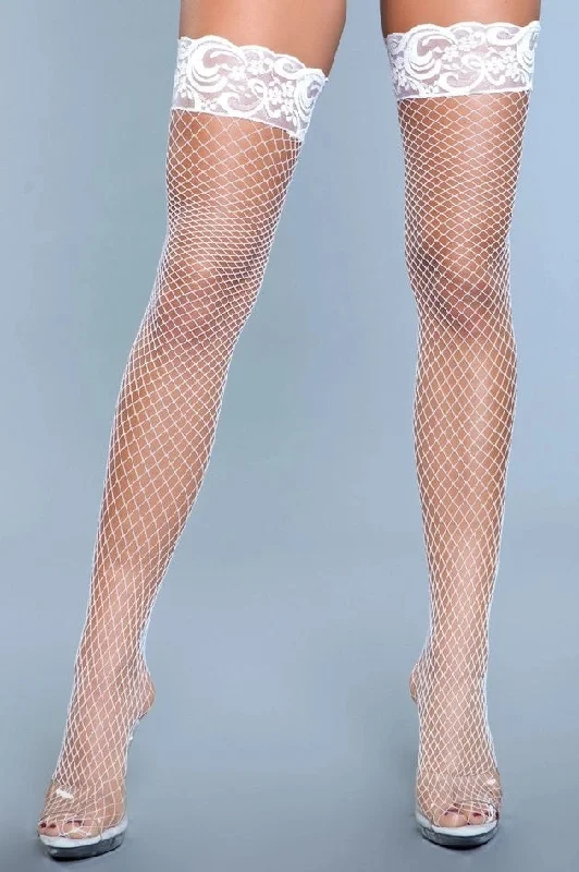 Women's Opaque Tights1916 BEWICKED AMBER LACE WHITE FISHNET THIGH HIGHS (ONE SIZE)