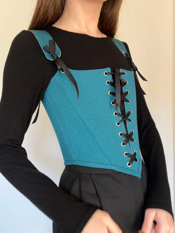 Brocade bustiers with a rich and textured appearanceTeal corset with front and back ties, removable shoulder straps, Brocade bustiers with a rich and textured appearanceTeal corset with front and back ties, removable shoulder straps,