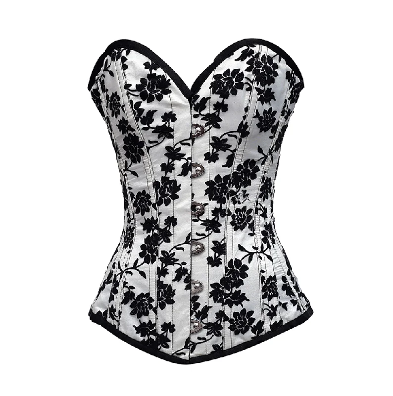 Gothic - inspired bustiers featuring dark colors and studsEvra White Longline Corset In Tissue Flocking Gothic - inspired bustiers featuring dark colors and studsEvra White Longline Corset In Tissue Flocking