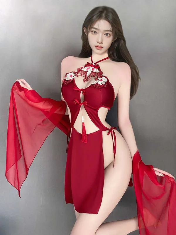 Full Coverage Lingerie for WomenHigh Slit Appliques Qipao Outfit