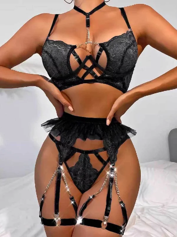 Women's Corset Style Lingerie3-piece Caged Bra and Underwear Set