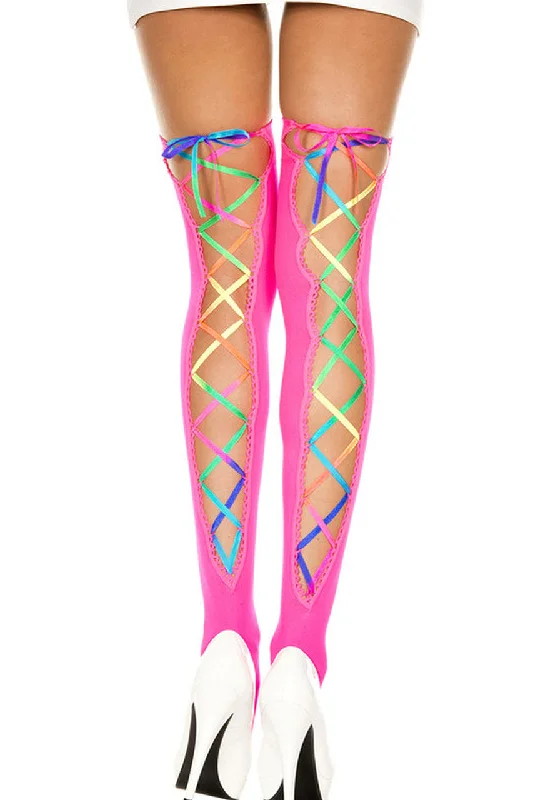 Women's Retro TightsRainbow Ribbon Lacing and Pink Opaque Thigh Hi Stockings
