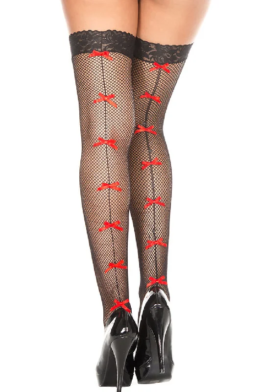 Women's Tights for RunningBlack Fishnet Thigh Highs with Red Bow Backseams