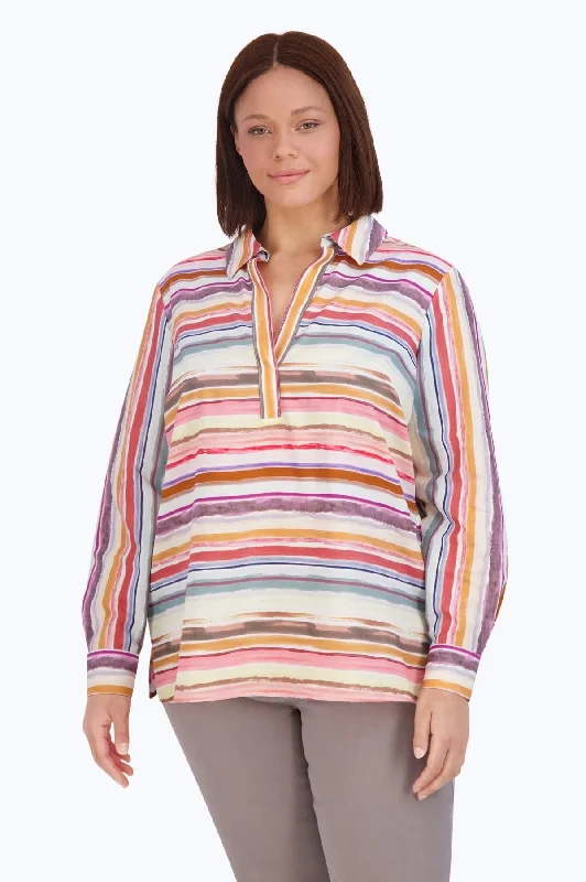 Women's easy - care long sleeve microfiber shirt Chambray long sleeve work shirtsSophia Plus Watercolor Stripe Long Sleeve Popover Shirt