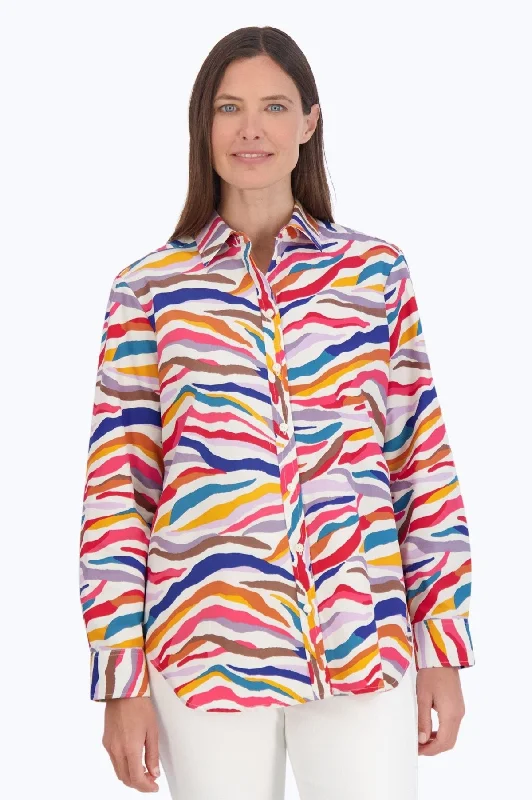 Women's wrinkle - resistant long sleeve travel shirt Flannel long sleeve cozy shirtsBoyfriend Colorful Zebra Long Sleeve Tunic