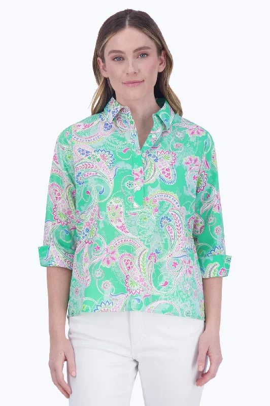 Women's thermal long sleeve fleece - lined shirt Therese Green Paisley 3/4 Sleeve Popover Shirt