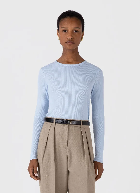 Women's boat neck t shirt Women's Long Sleeve Ribbed T-shirt in Blue Mist