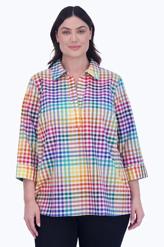 Women's classic white long sleeve cotton shirt Sophia Plus Rainbow Gingham 3/4 Sleeve Popover Shirt