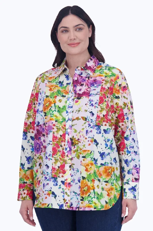 Women's striped long sleeve linen shirt for summer Long sleeve shirts for late autumnMeghan Plus Floral Patchwork Long Sleeve Shirt