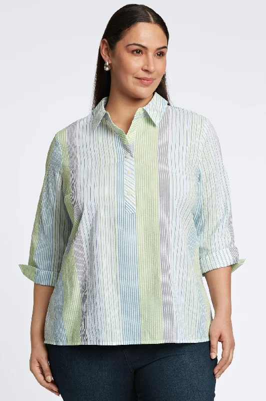 Women's plaid long sleeve flannel shirt for winter Therese Plus Seersucker Stripe 3/4 Sleeve Popover Shirt Women's plaid long sleeve flannel shirt for winter Therese Plus Seersucker Stripe 3/4 Sleeve Popover Shirt