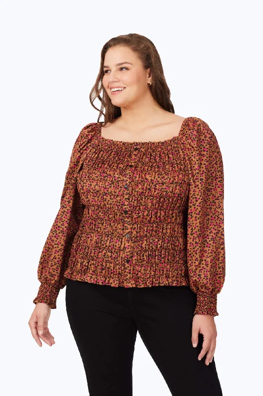 Women's dry - clean only long sleeve wool shirt Adidas long sleeve sports shirtsPlus Smocked Wild Cheetah Long Sleeve Blouse