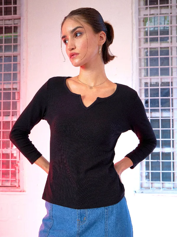 Women's ombre t shirt Women Black Rib V-Neck T-Shirt