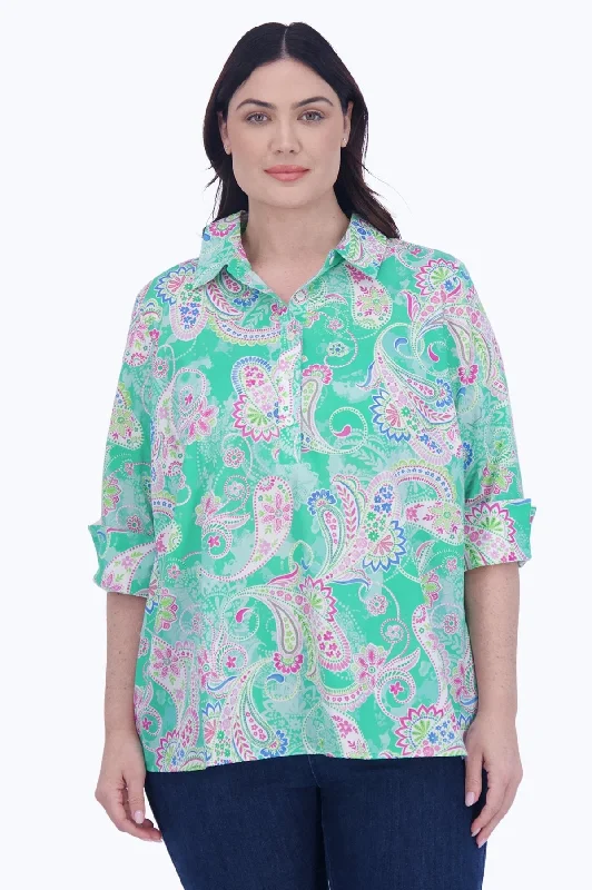 Women's lace - trimmed long sleeve polyester shirt Therese Plus Green Paisley 3/4 Sleeve Popover Shirt