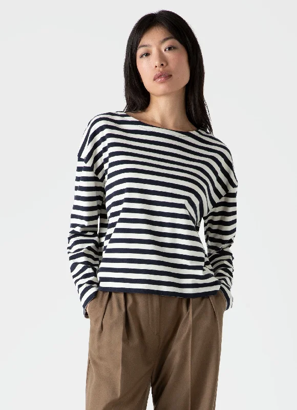 Women's luxury t shirt Women's Long Sleeve Boatneck T-shirt in Navy/Ecru Block Stripe