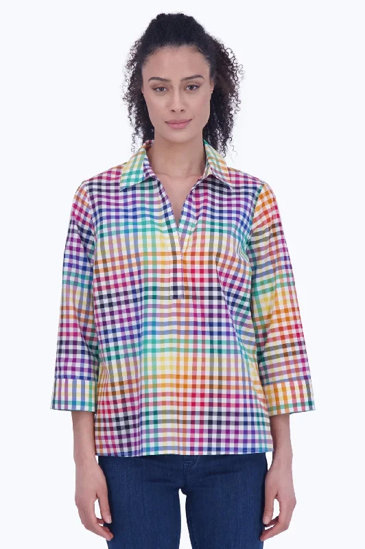 Women's maternity long sleeve shirt for pregnancy Sophia Rainbow Gingham 3/4 Sleeve Popover Shirt