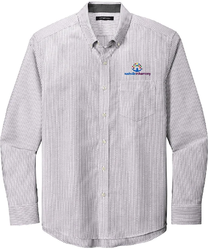 Women's black long sleeve silk button - down shirt Port Authority SuperPro Oxford Stripe Shirt Women's black long sleeve silk button - down shirt Port Authority SuperPro Oxford Stripe Shirt
