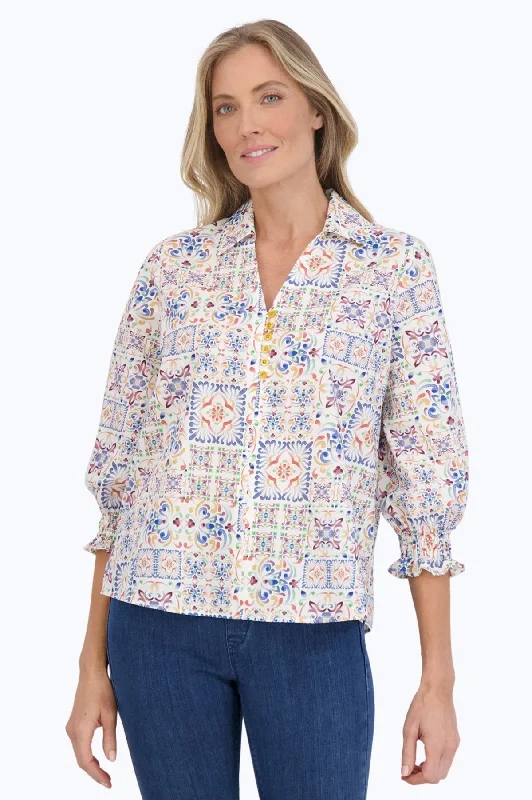 Women's v - neck long sleeve collared shirt Alexis Watercolor Mosaic 3/4 Sleeve Popover Shirt