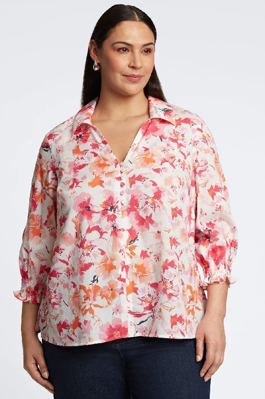 Women's convertible sleeve long sleeve twill shirt Alexis Plus Watercolor Floral 3/4 Sleeve Popover Shirt