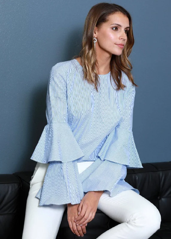 Women's boat - neck long sleeve shirt with cuffs Women's Ruffle Bell Sleeve Shirt Blouse In Blue