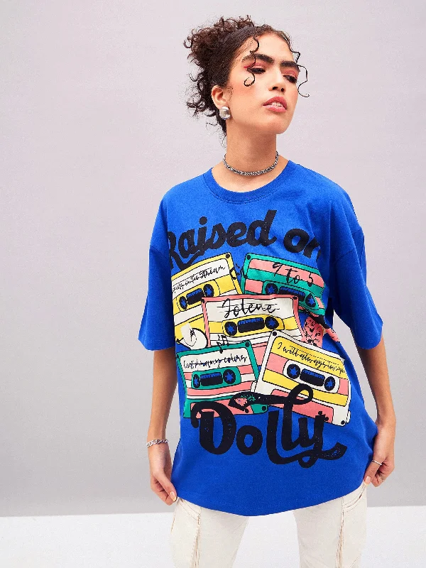 Women's linen t shirt Women Royal Blue Raised On Oversized T-shirt