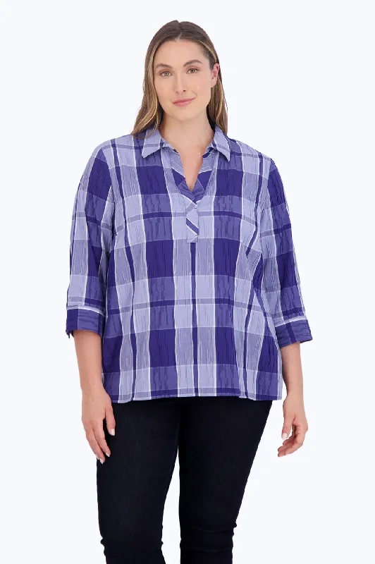 Women's v - neck long sleeve collared shirt Sophia Plus Denim Plaid Crinkle 3/4 Sleeve Popover Shirt