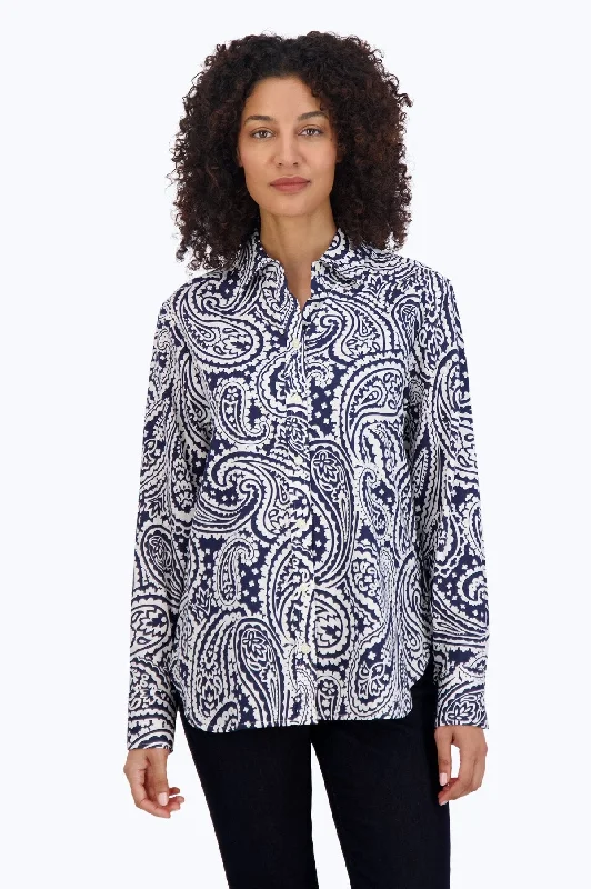 Women's floral print long sleeve chiffon shirt UV - protection long sleeve sun shirtsMeghan Navy Paisley Long Sleeve Shirt