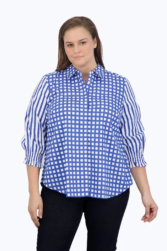 Women's oversized long sleeve linen blend shirt Olivia Plus Gingham Stripe Combo 3/4 Sleeve Shirt