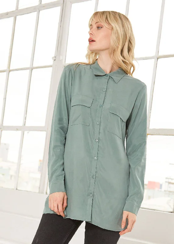 Women's work - appropriate long sleeve button - up shirt Women's Button Up Open Back Blouse In Sage