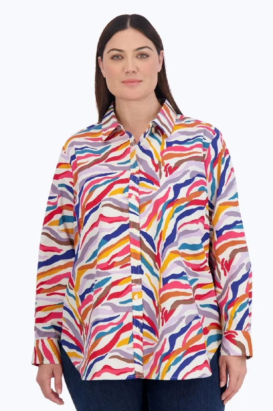 Women's zipper - front long sleeve performance shirt Long sleeve shirts with button - down collarsBoyfriend Plus Colorful Zebra Long Sleeve Tunic