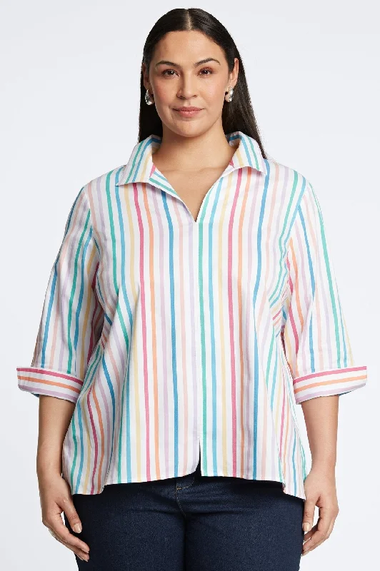 Women's office - wear long sleeve collared shirt Agnes Plus Rainbow Stripe 3/4 Sleeve Popover Shirt