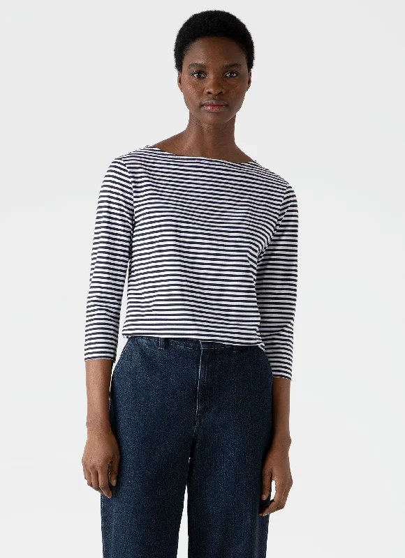 Women's green t shirt Women's Boat Neck T-shirt in White/Navy English Stripe