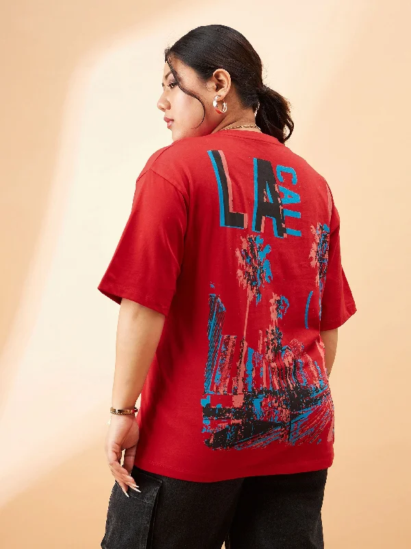 Women's scoop neck t shirt Women Red Graphic LA Print T-Shirt