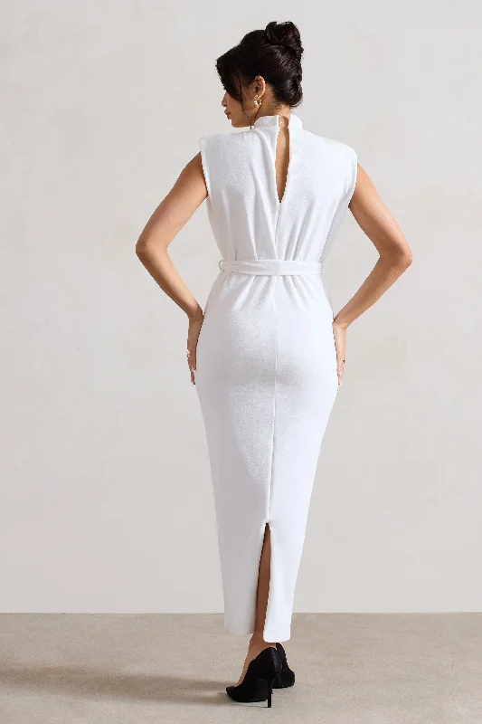 Abbie | White High-Neck Maxi Dress With Tie Waist