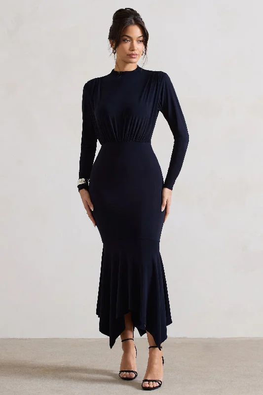 Carla | Navy High-Neck Maxi Dress With Draped Hem