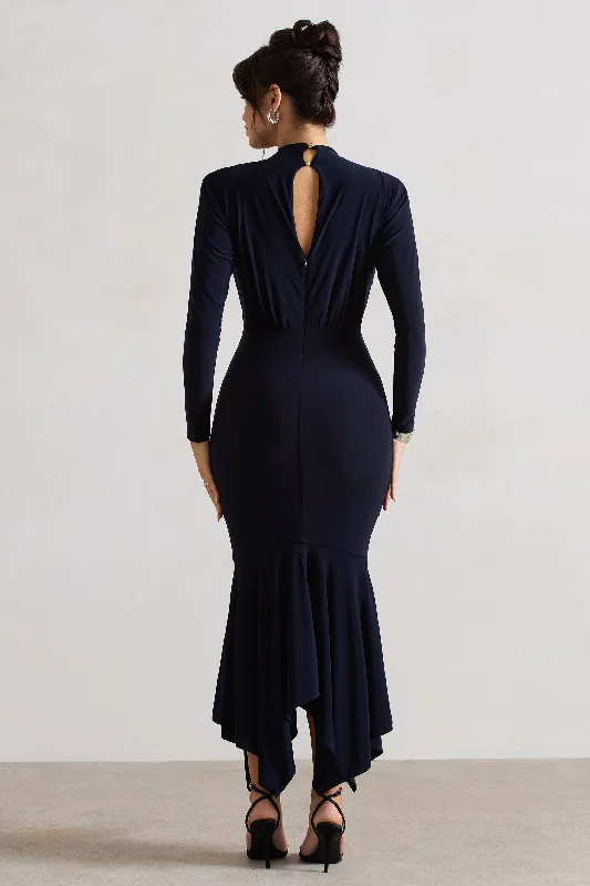 Carla | Navy High-Neck Maxi Dress With Draped Hem