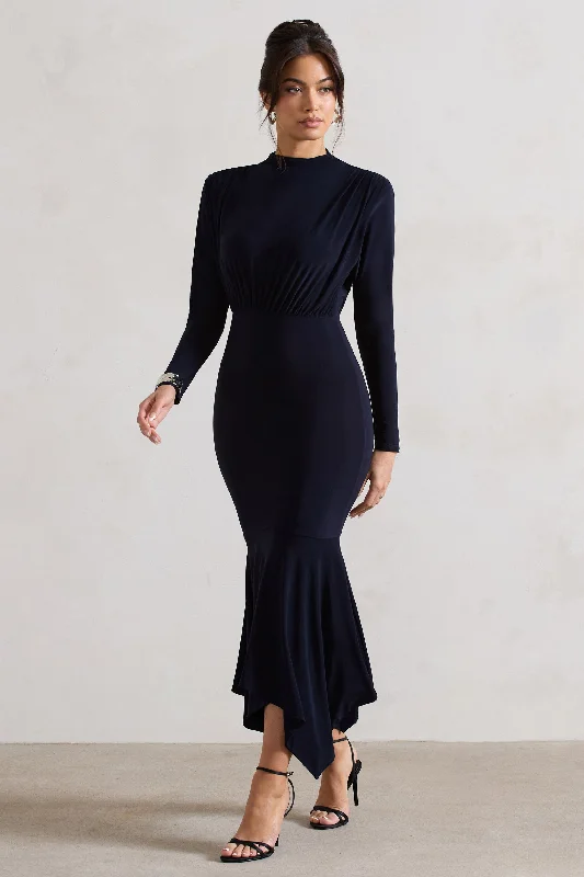 Carla | Navy High-Neck Maxi Dress With Draped Hem