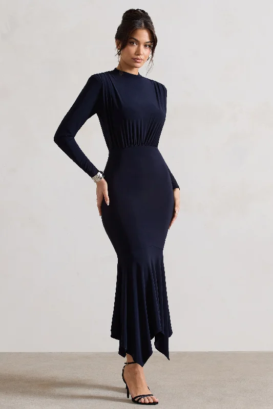 Carla | Navy High-Neck Maxi Dress With Draped Hem