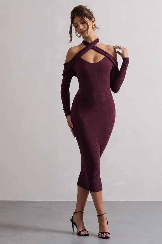 Duet | Plum Rib Knit Halter-Neck Midi Dress With Cut-Out