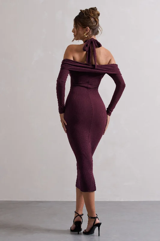 Duet | Plum Rib Knit Halter-Neck Midi Dress With Cut-Out