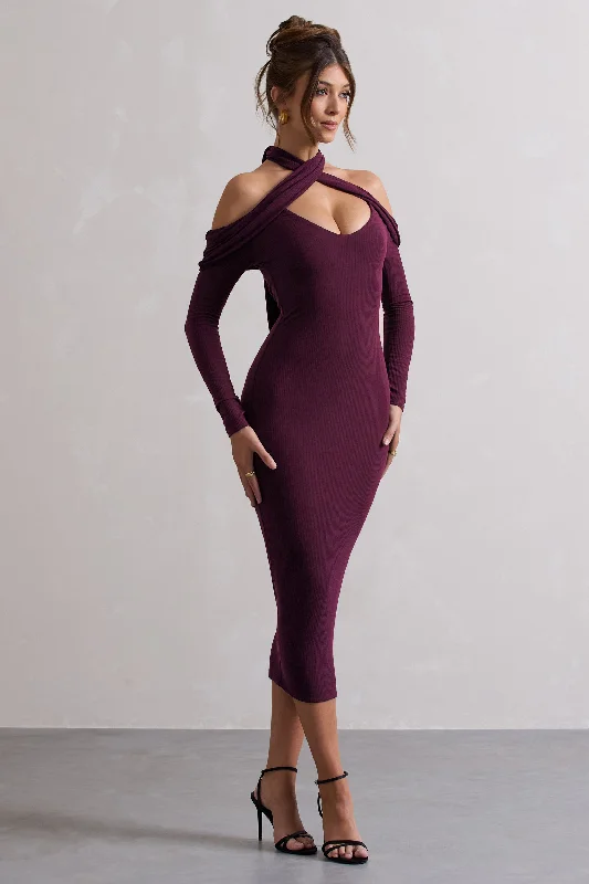 Duet | Plum Rib Knit Halter-Neck Midi Dress With Cut-Out